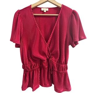 London Rose XL Raspberry Pink Micro Pleated Smocked Peplum Surplice Top Blouse